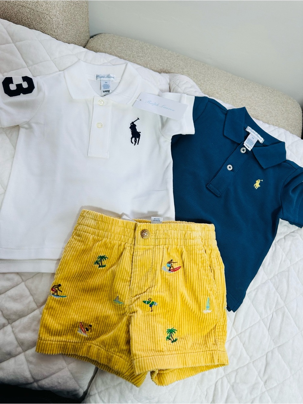 Ralph Lauren White & Navy Polo Tops with Yellow Embroidered Corduroy Shorts ,3pc